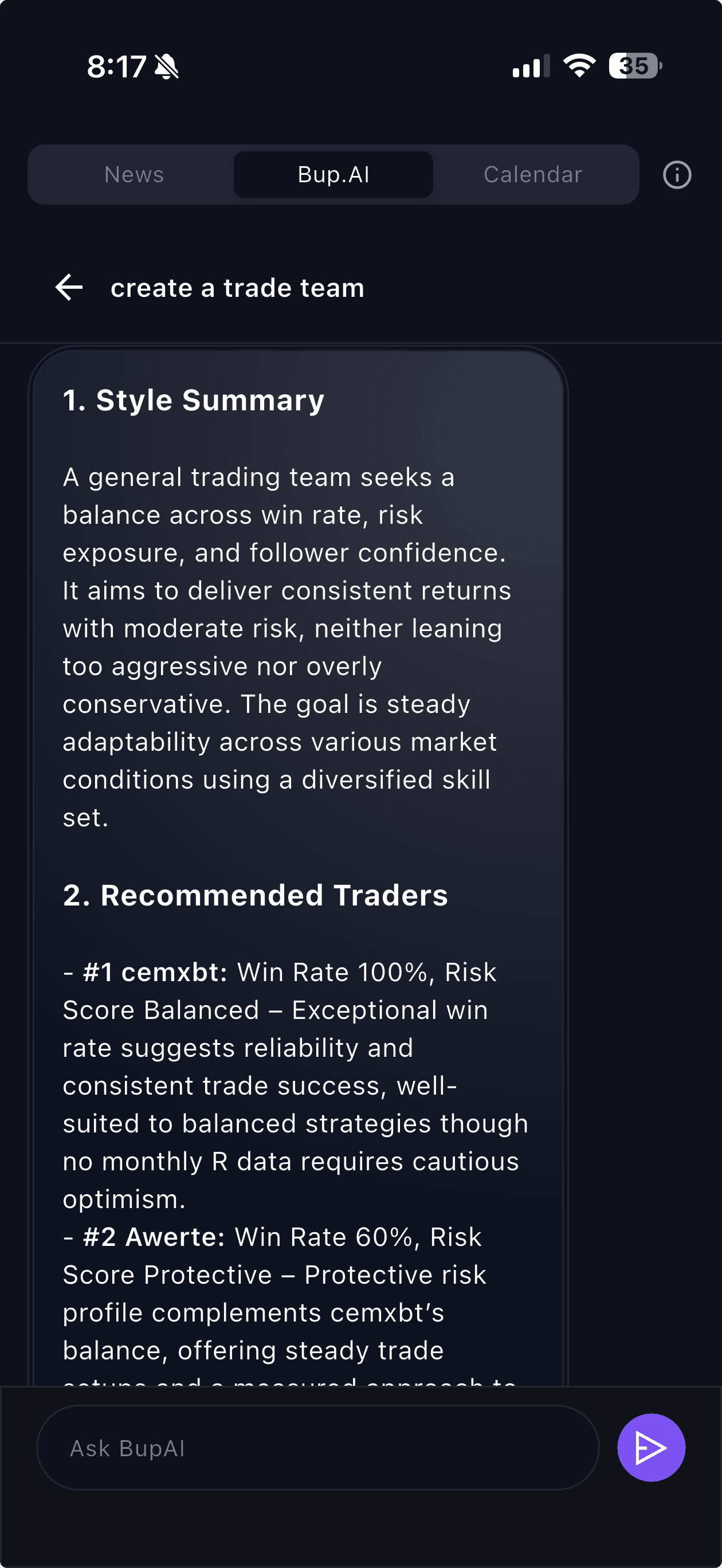BottomUP iOS — Bup.AI assistant building a balanced trade team
